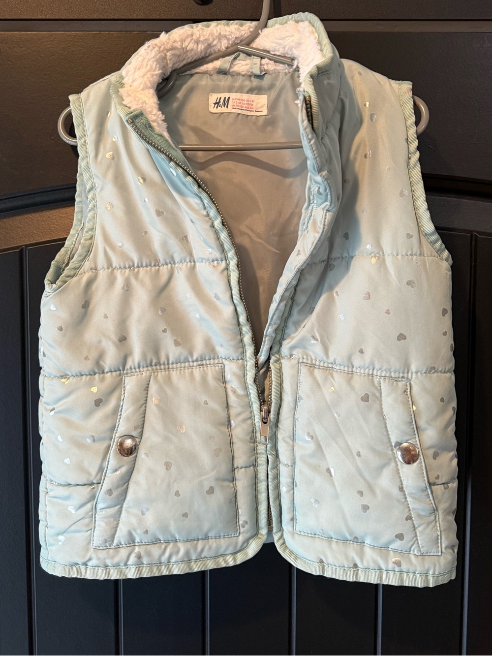 H&M Girls Puffer Vest 2–4Y Light Blue Heart Print Sherpa Collar Quilted Vest